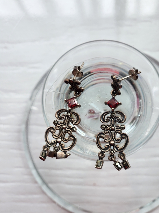 925 Sterling Silver Jewelry - Sterling Silver Ornate Antique-Style Drop Earrings with Red Gem/ Garnet